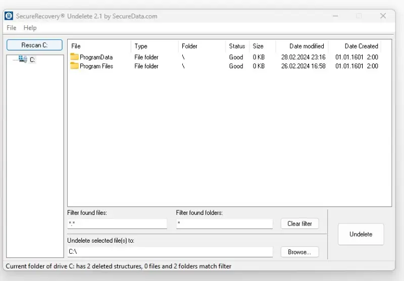 A screenshot showing the main window of SecureRecovery Undelete for restoring deleted data.