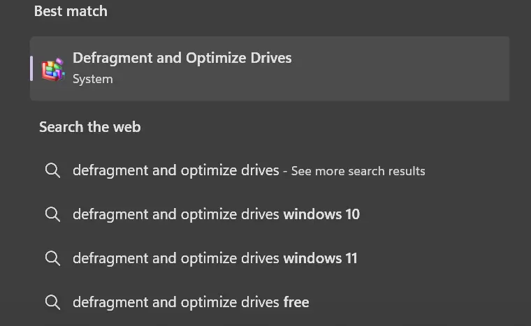 Screenshot showing a search for the Defragment and Optimize Drive utility on Windows.