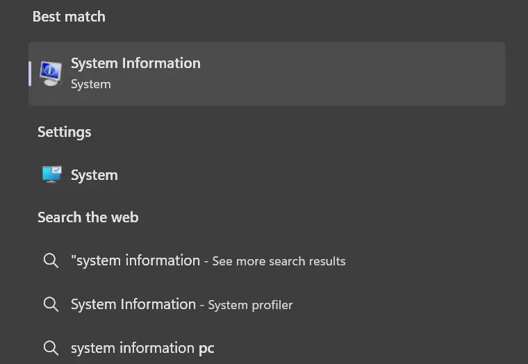 Screenshot showing a search for the System Information utility on Windows.