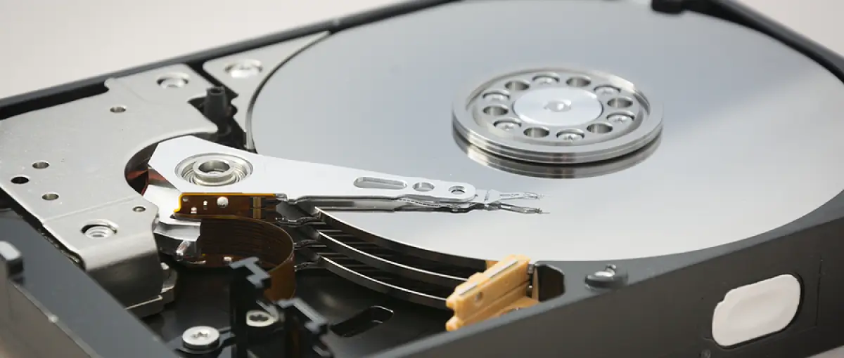 An image of an opened hard disk drive.