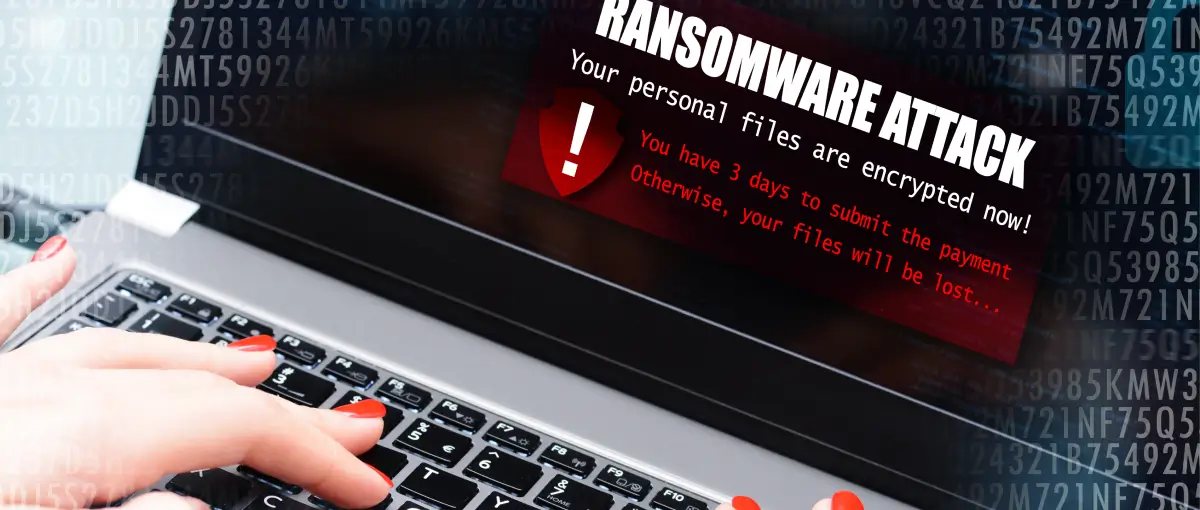 A computer screen showing a ransom demand following a ransomware attack.