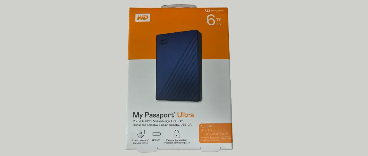 An image of the 6 TB WD MyPassport Ultra in the box.