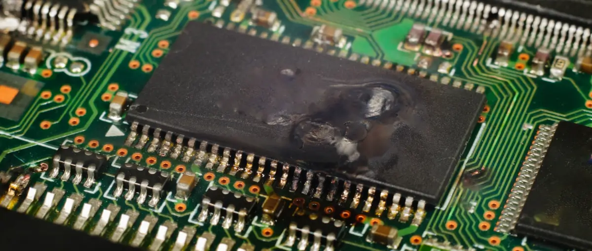 A circuit board with electrical damage after catastrophic failure. 