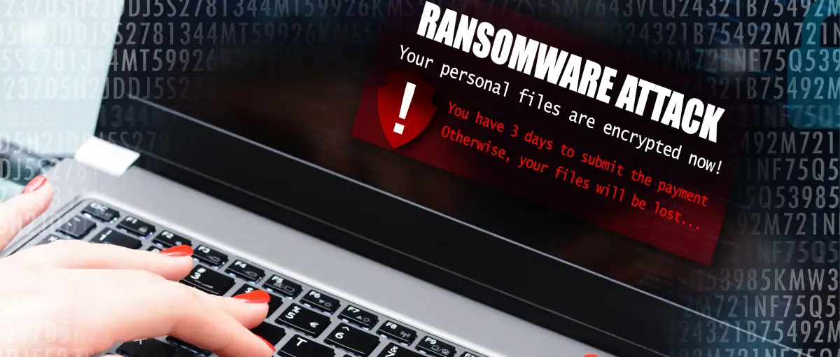 A ransom note displayed on a computer after a ransomware attack.