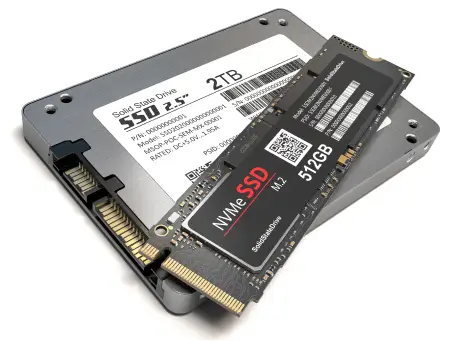 An image of a SATA solid-state drive and an NVMe M.2 SSD.