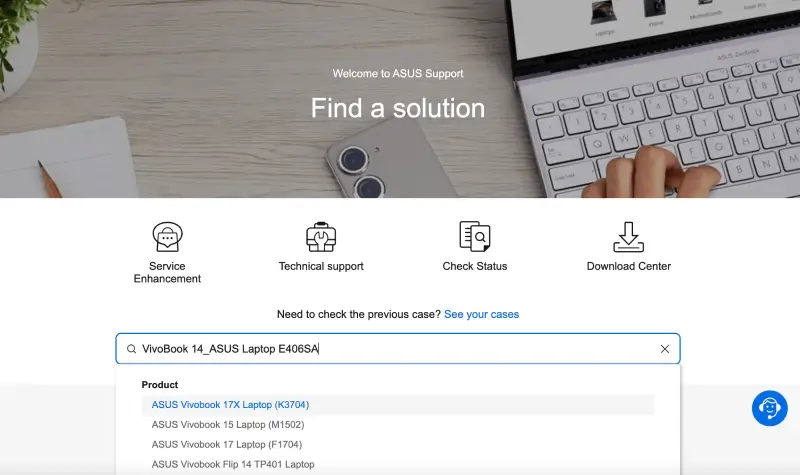 Searching for the device model on the Asus support website