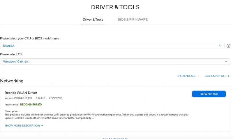 Choosing your model name and OS on the Asus support website to download and install display driver