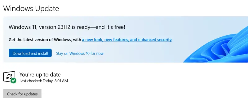 A screenshot showing the button to check for updates on Windows 10.