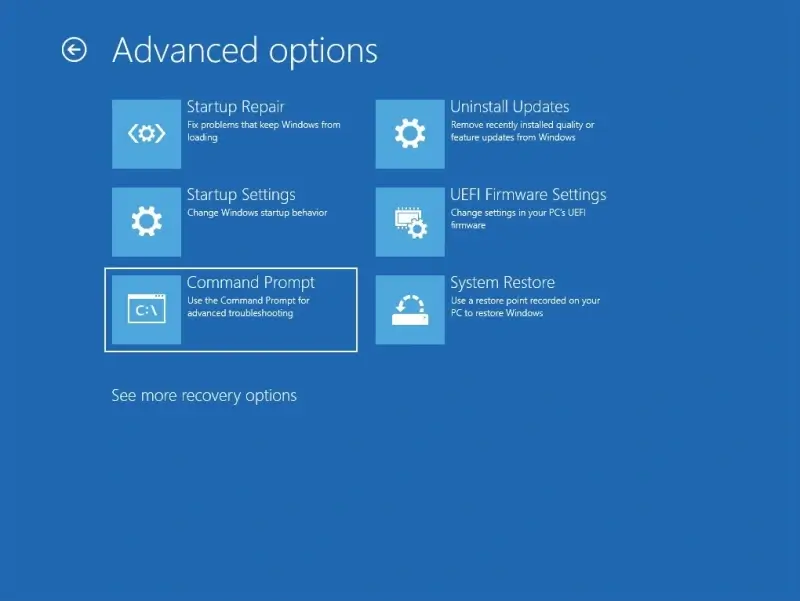 A screenshot showing the location of Command Prompt in the Troubleshoot menu of WinRE on Windows 10 and 11