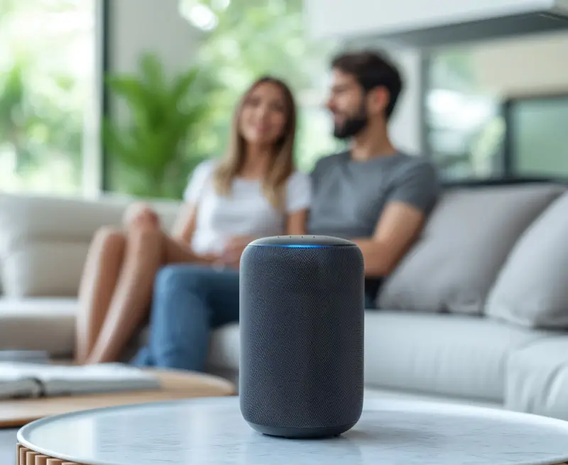 A concept of a couple using a smart speaker in their living room.