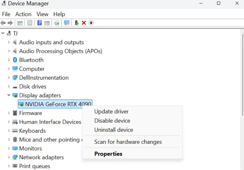 A screenshot to update, disable, and uninstall drivers in Device Manager.