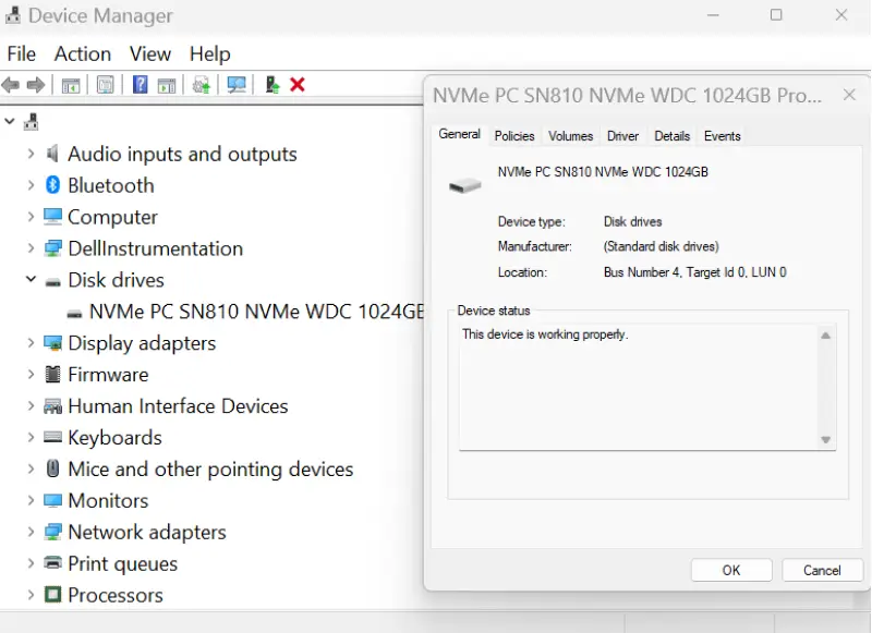 A screenshot showing the Properties box of a drive in Device Manager on Windows.