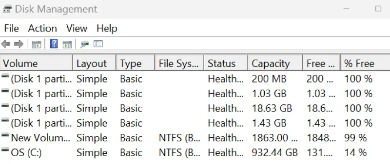 A screenshot showing the percentage of free space in Disk Management.