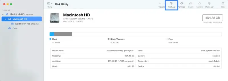 Mac run First Aid in Disk Utility