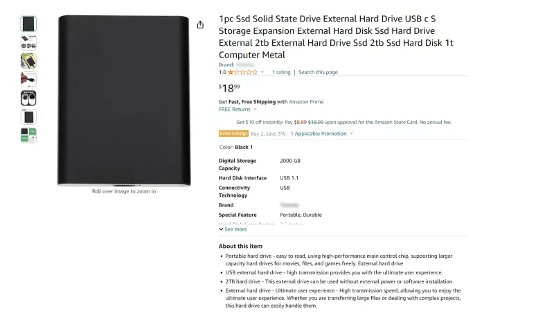 A screenshot of a product listed on Amazon that claims to be an external drive. 