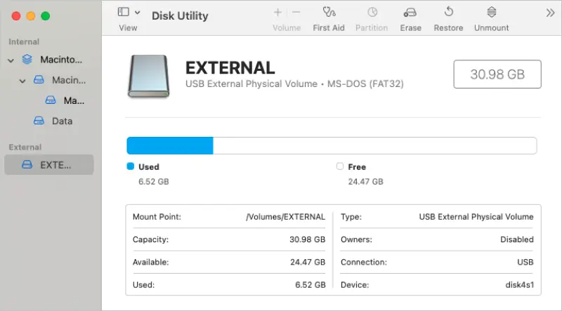 A screenshot of Disk Utility in macOS.