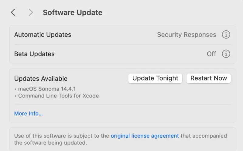 A screenshot showing the button to update software on macOS.