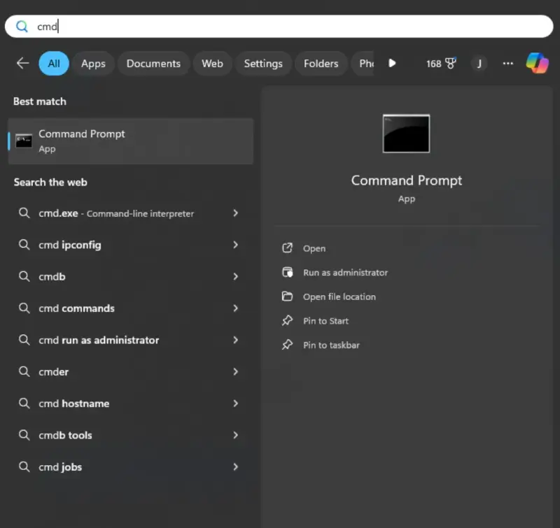 Type CMD in the search box to open Command Prompt on Windows