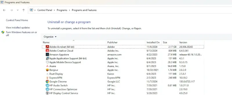 Windows uninstall or change a program list