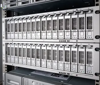 A server rack with dozens of hard drive bays supports RAID configurations.