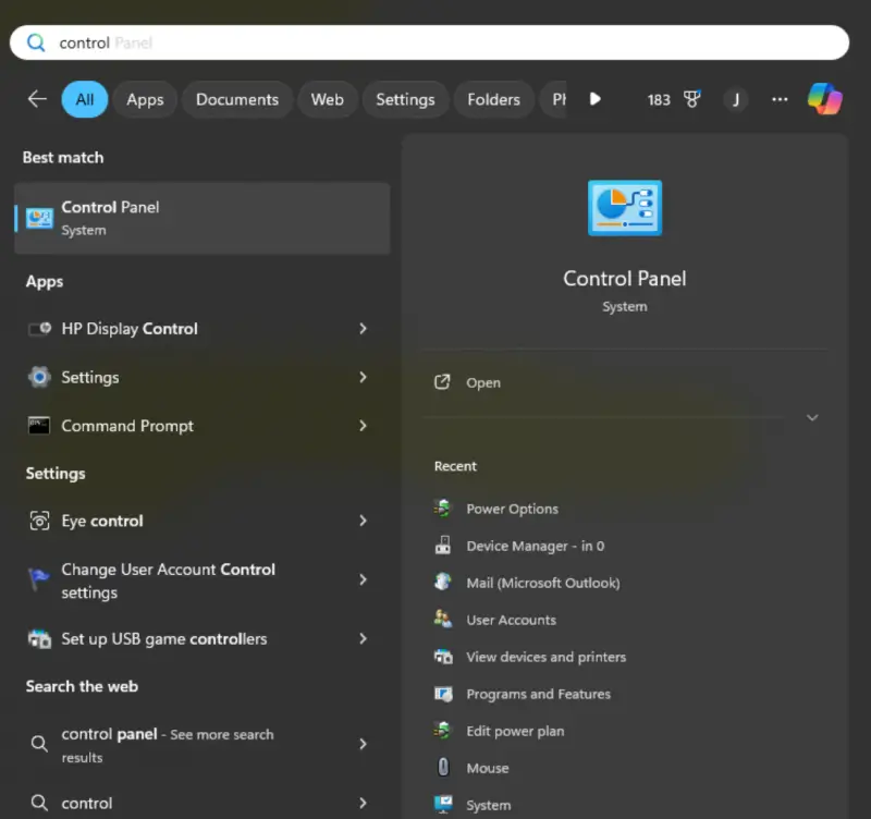 Search Control Panel in the Start menu