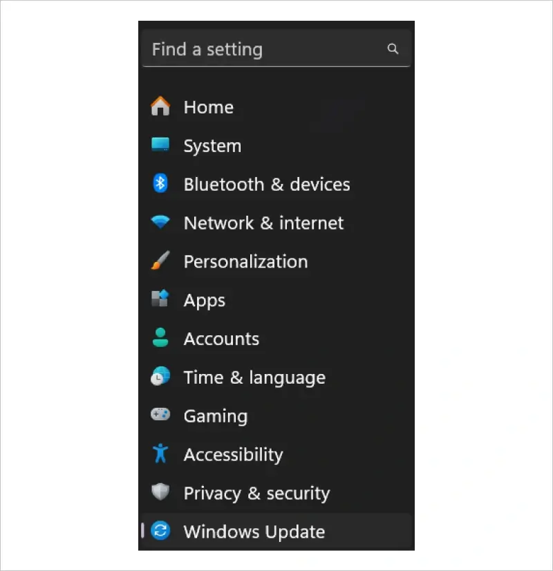 A screenshot showing the location of Windows Update in the Settings menu.