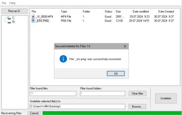 A screenshot of SecureRecovery® Undelete successfully restoring files.