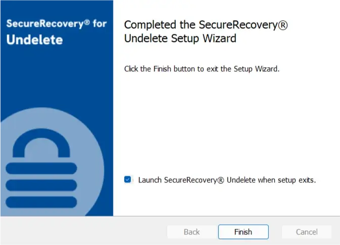 A screenshot of the completed SecureRecovery® Undelete Setup Wizard.