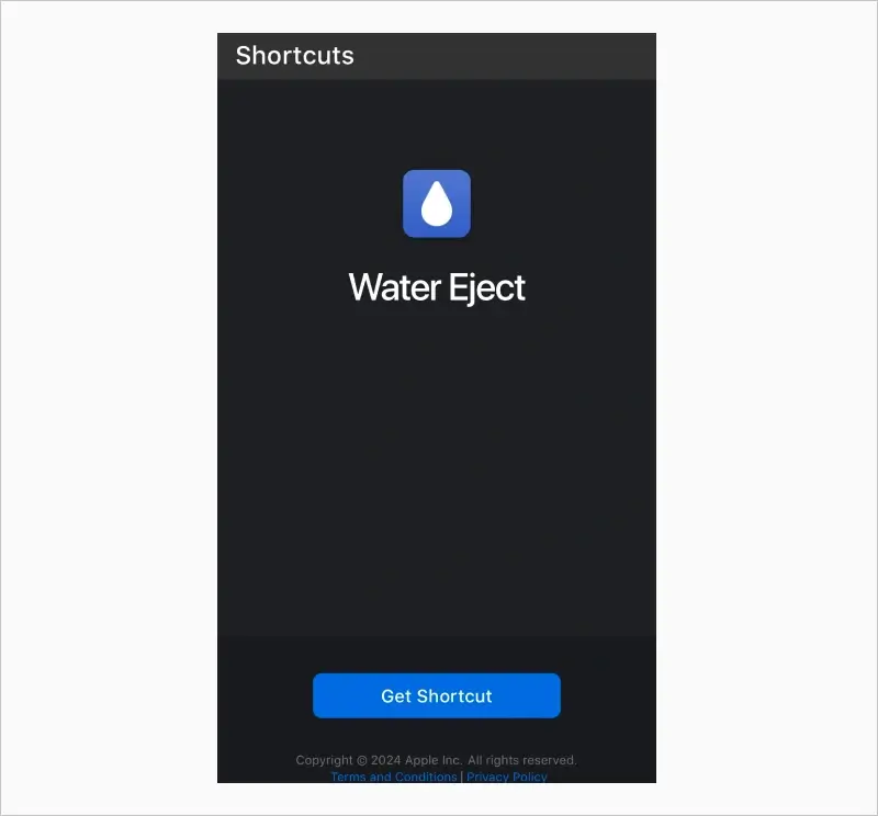 A screenshot showing the option to get Water Eject for Shortcuts.