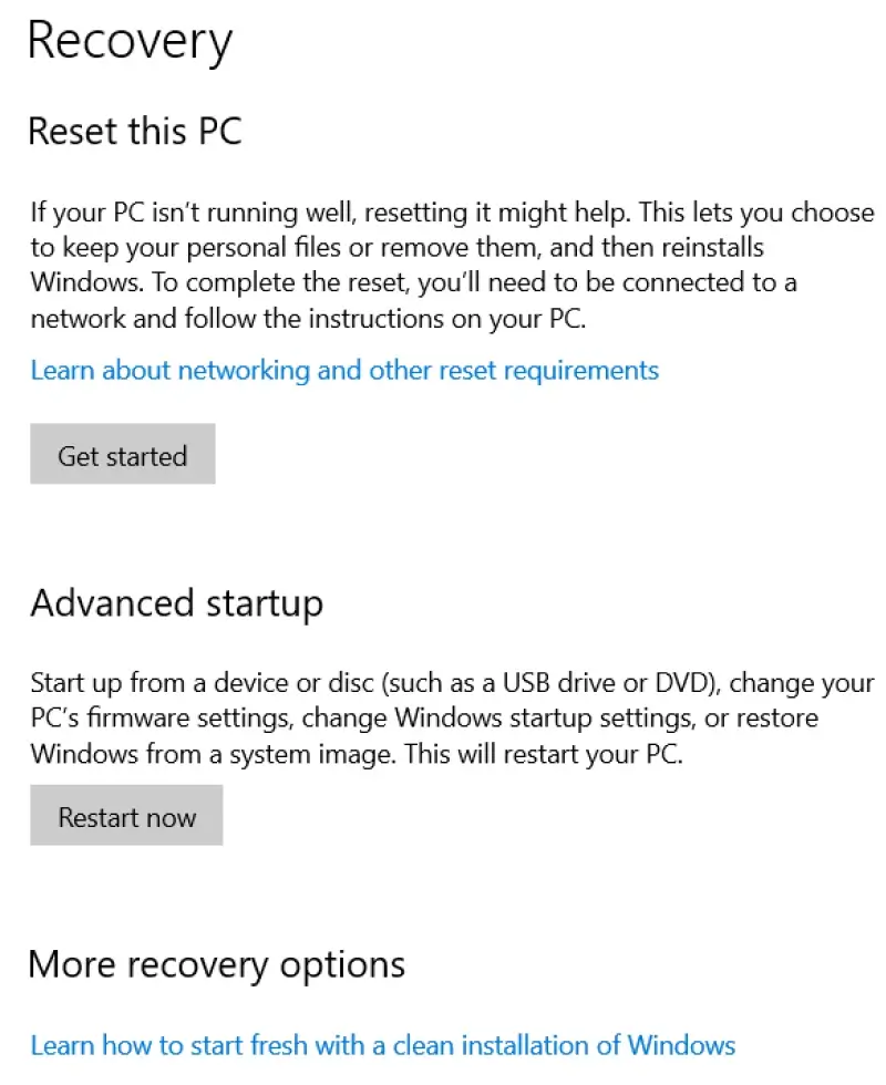 A screenshot showing advanced startup options in Windows 10.