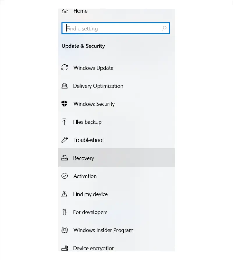 A screenshot showing the location of Recovery options in Windows 10.