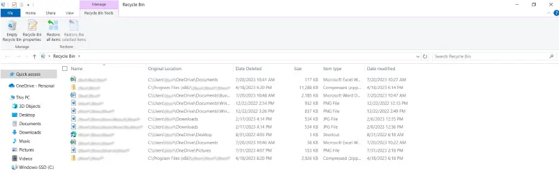 A screenshot of the Recycle Bin in Windows 10.