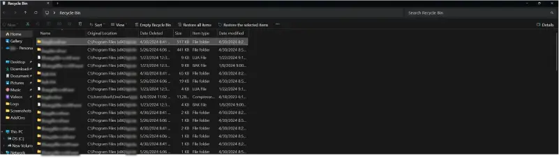 A screenshot of the Recycle Bin in Windows 11.