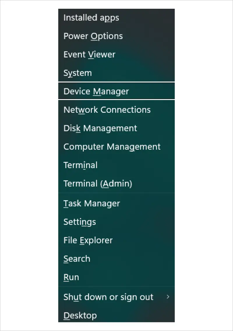 A screenshot of Device Manager in the Windows Quick Links menu.