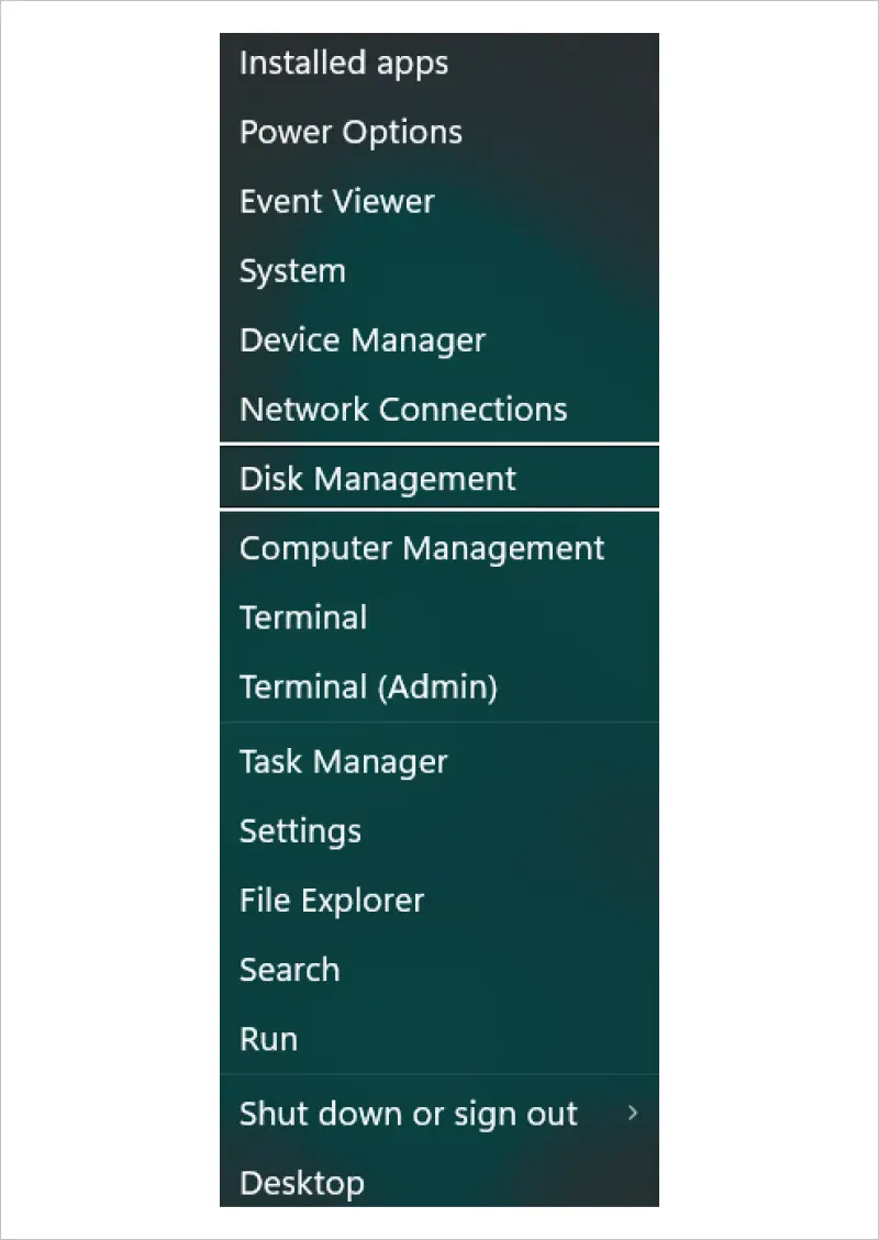 A screenshot of Disk Management in the Windows Quick Links menu.