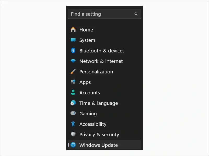 A screenshot showing how to find Windows Update on Windows 11.