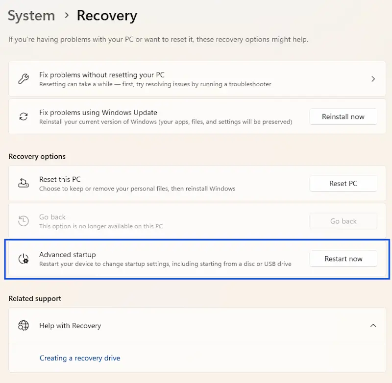 accessing startup repair through windows settings