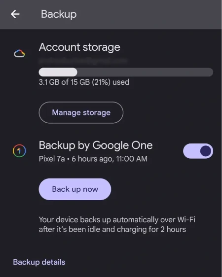 A screenshot showing the options to back up now with Google One on Android.