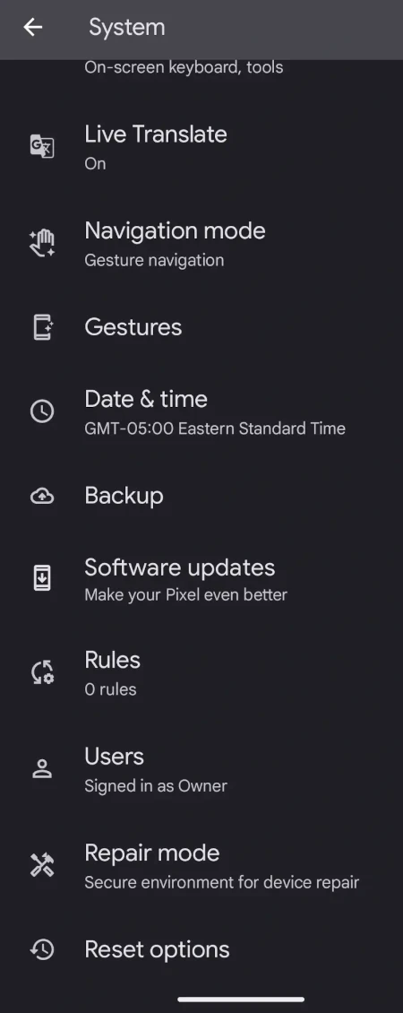 A screenshot showing the location of Backup options on Android.