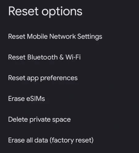 A screenshot showing the options to erase all data on Android during a factory reset.