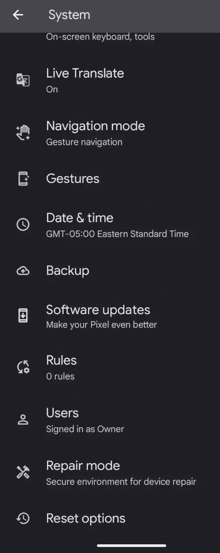 A screenshot showing the location of reset options on Android.