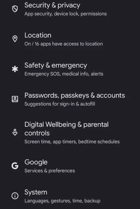 A screenshot showing the location of the System menu in the Settings app on Android.