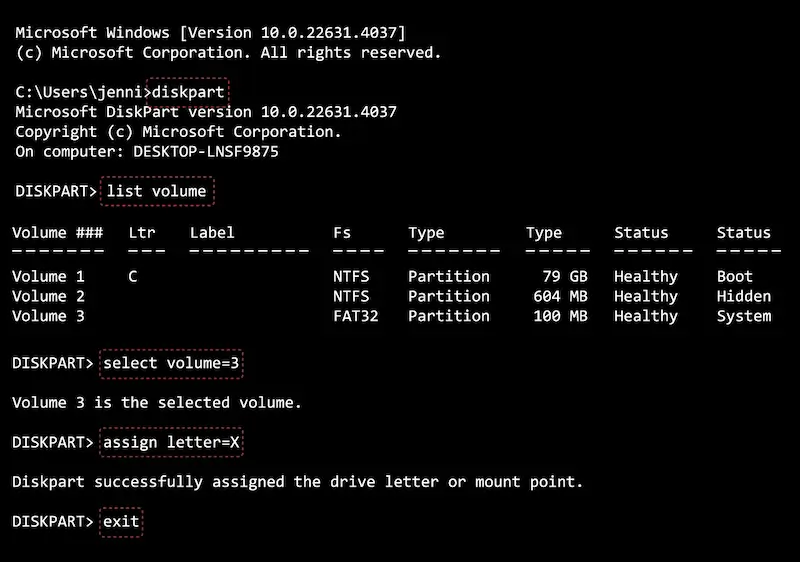 Assigning the EFI partition a drive letter