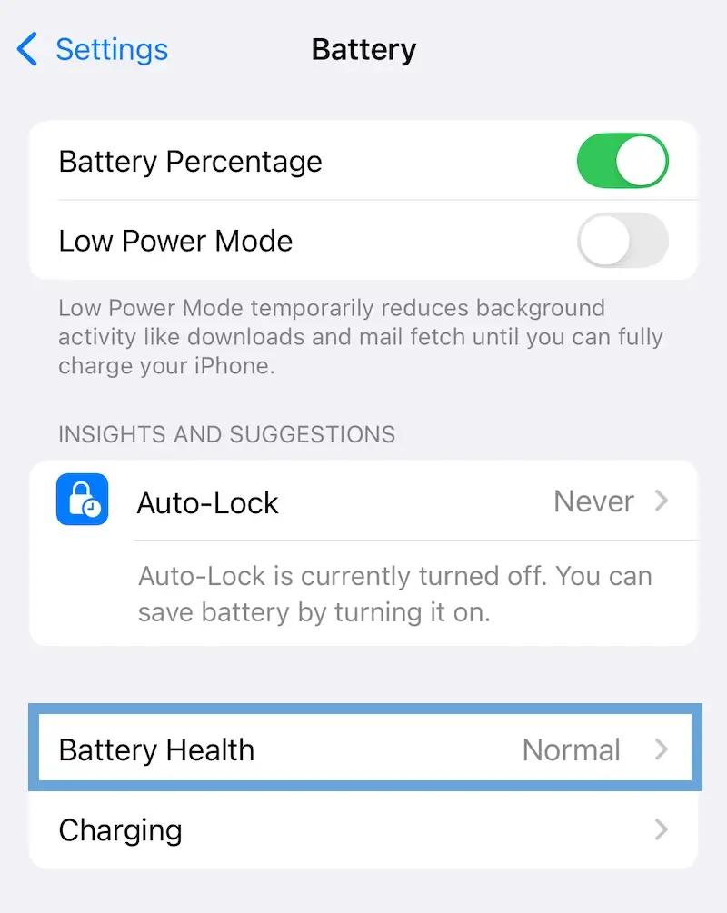 A screenshot showing the Battery Health indicator on iPhone.