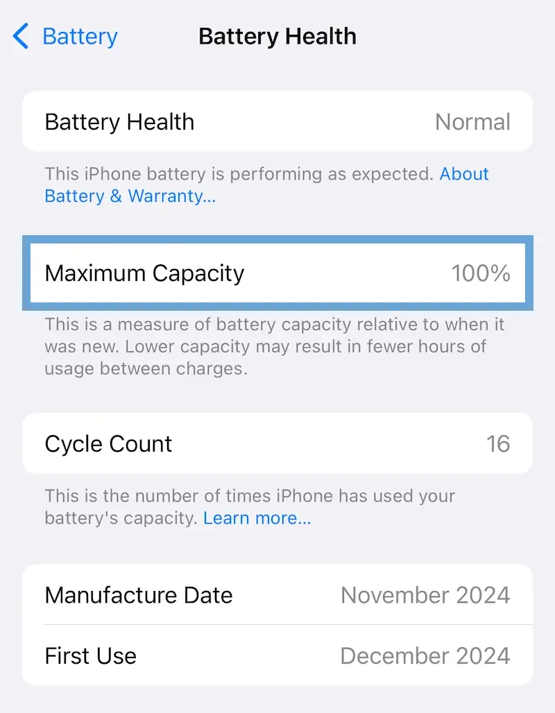 A screenshot showing the Maximum Capacity of a battery on iPhone.