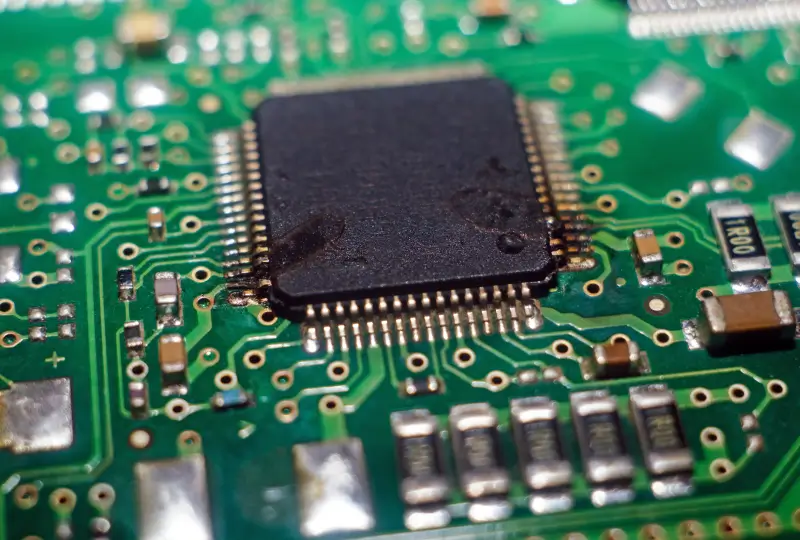 Image of a burnt microchip on a printed circuit board.