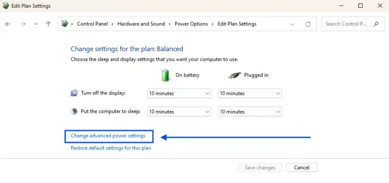 Control Panel Advanced Power Settings