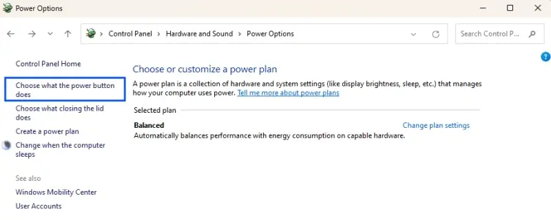 Control Panel Choose what the power button does