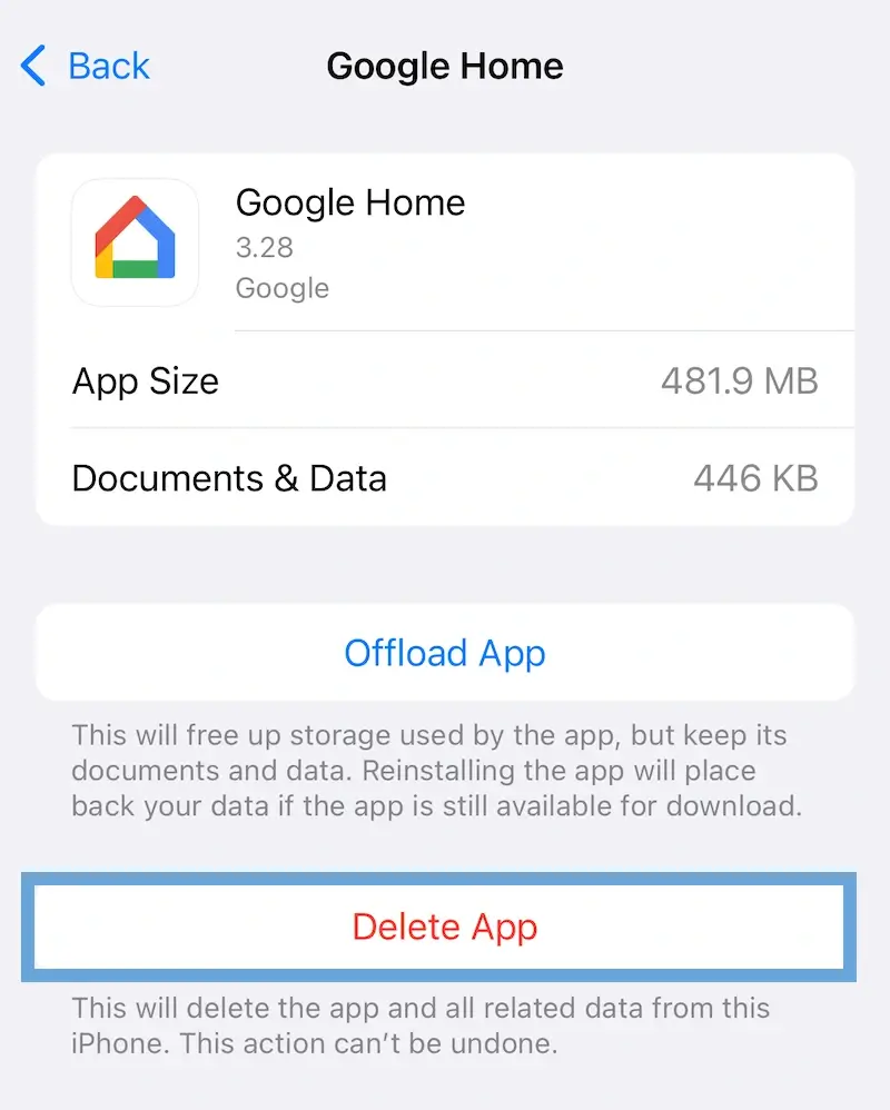 A screenshot showing the option to delete an app on iPhone.