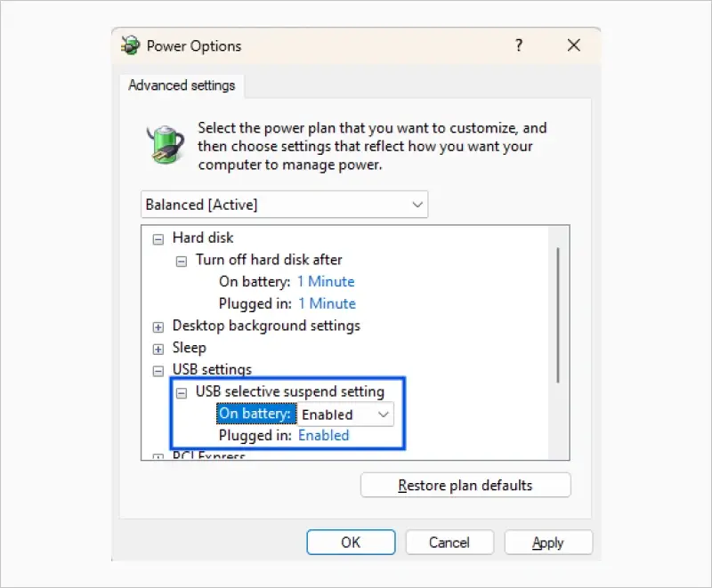 USB selective suspend setting